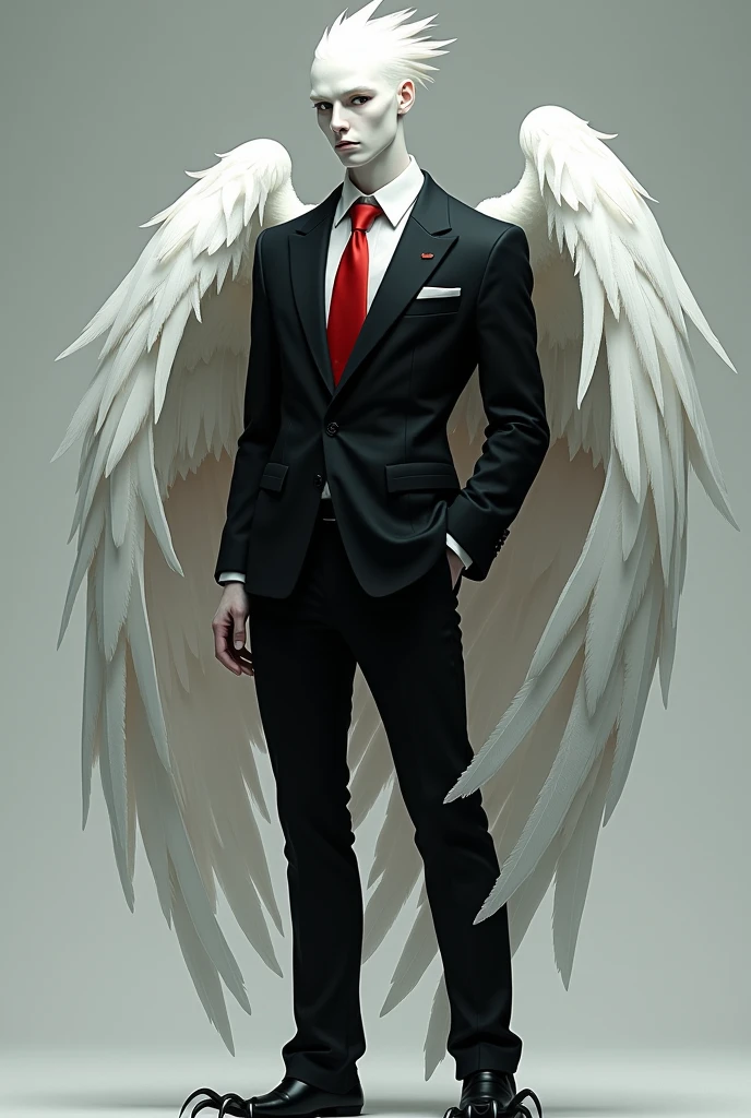 Generates an image of a 24 year old albino male Demi-human in a black suit and red tie with slit pupils, His suit has some white feathers in the shape of a coat, Her legs are normal up to her heels, where owl claws can be seen