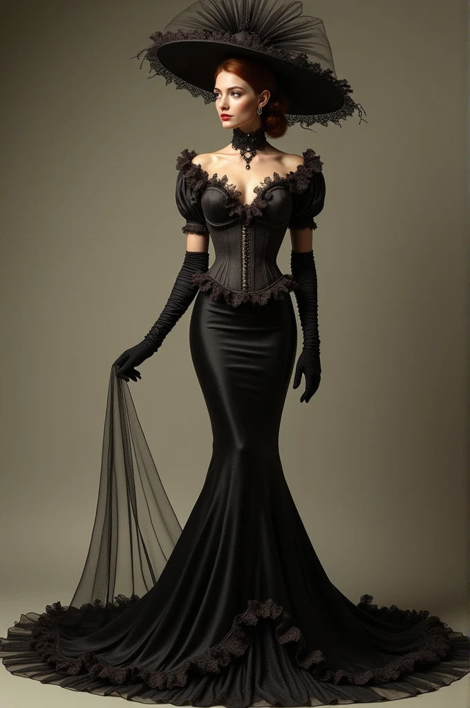 full body woman, with big hat, with a mermaid style dress, elegant vintage,  with yolks, gloves, lace, corset, heels,  brown black color.
