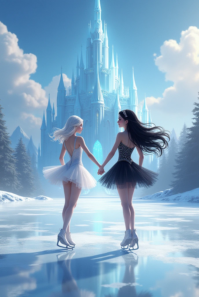 Book cover featuring an ice skater with shoulder-length white hair and a short white and silver dress. With a princess with long black hair and a short black and silver dress. A background with almost transparent clouds and a glass castle behind with an ice rink below the castle, both girls with their backs turned and holding hands.