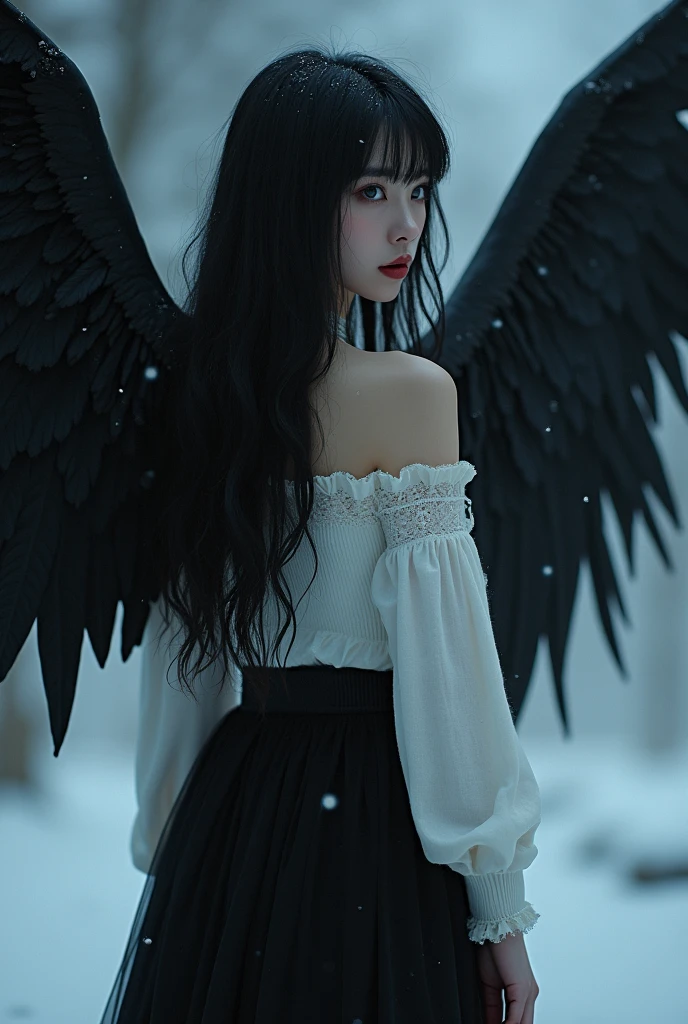 ((Looking back)), (((full bodyesbian))), ((Realistic)), ((From behind, From below)), ((off-the-shoulder clothes)), Beautiful young girl, Beautiful Korean model, cabellos largos dorados, curlies, By bangs, (slender leg), (cold light, the night, starrysky), (at winter season, nevando). ((White sweater, Short black skirt), Detailed scenes, the detail,Hyper-detailed, (correct hand), (anatomy correct), (best qualtiy,tmasterpiece)(best quality,4k,8k,highres,masterpiece:1.2), ultra-detailed, (realistic,photorealistic,photo-realistic:1.37), dark angel, pale chalk colored skin, jet black long straight hair, black lipstick, beautiful detailed eyes, beautiful detailed lips, extremely detailed eyes and face, long eyelashes, full body portrait, 1 girl, black wings, floating in mid-air, Gothic atmosphere, eerie lighting, intense gaze, mysterious expression, ethereal beauty, flowing dark gown, intricate lace details, hauntingly beautiful, dramatic shadows, chilling aura, supernatural being, otherworldly presence, melancholic atmosphere, misty background, foggy ambiance, hauntingly atmospheric, contrast between light and dark, enigmatic figure, surreal scenery, midnight hues, cinematic feel, intense contrast, unearthly elegance