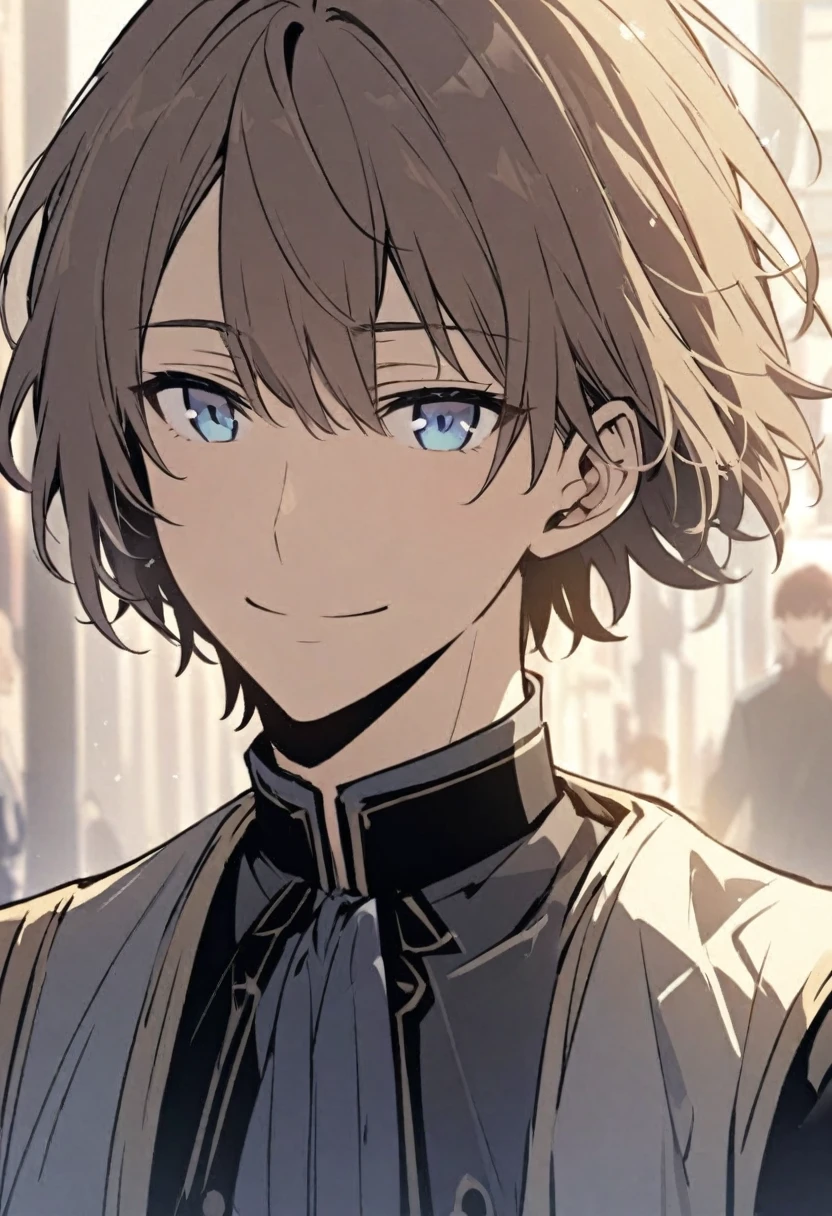 good looking, alone, male, Bob Hair, Chestnut Hair, Light blue eyes, Smile Facial, cute,Active,noble