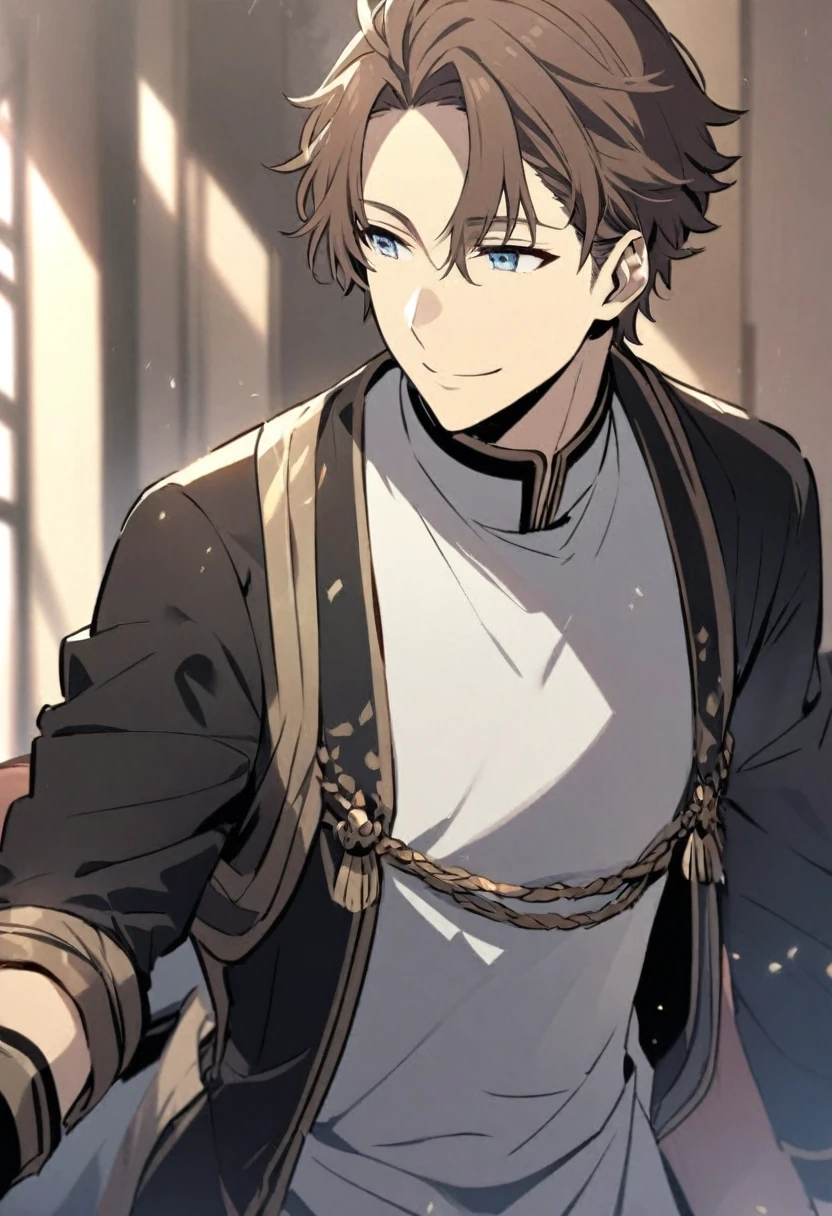 good looking, alone, male, Bob Hair, Chestnut Hair, Light blue eyes, Smile Facial, cute，Active，noble