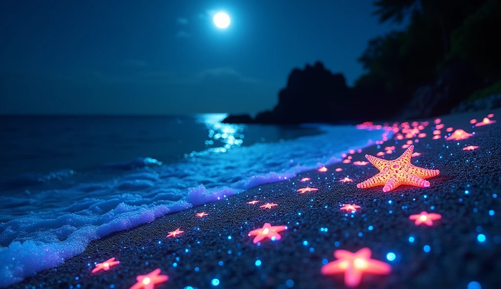 A beautiful bioluminescent beach full of multicolored mussels, glowing starfish and opal pearls on a moonlit night (((High definition, 32K, ultra-high resolution, sharp details)))
