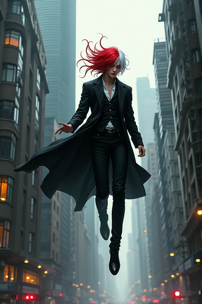 fanart, a red and white haired man wearing a black jacket, background render,floating in the air, city background
