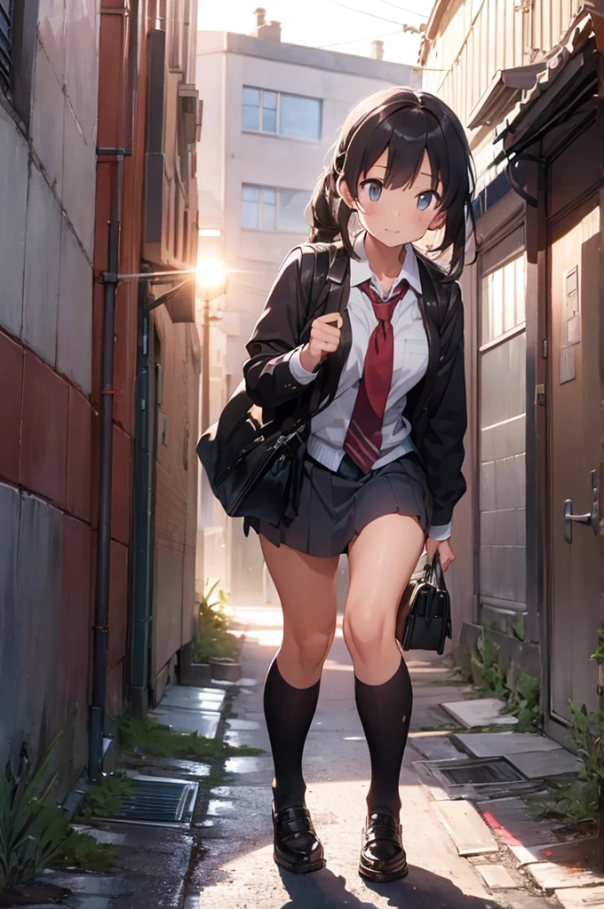 one girl in school uniform picking up a grey cat, alleyway, sunset