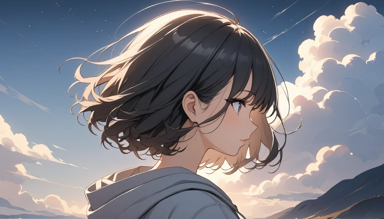 Starry Sky、One woman、Black Hair、Short Hair、Hair blowing in the wind、profile、Wearing a hoodie、Back view、Full body portrait