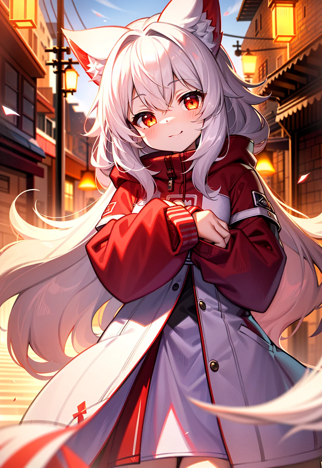 one girl, fluffy, White fur, very cute face, Red elements on fur, Glowing sweatshirt, cowboy shot, Beautiful lights and shadows, ambient light, Ultra detailed fur, volumetric light, tilt towards the viewer