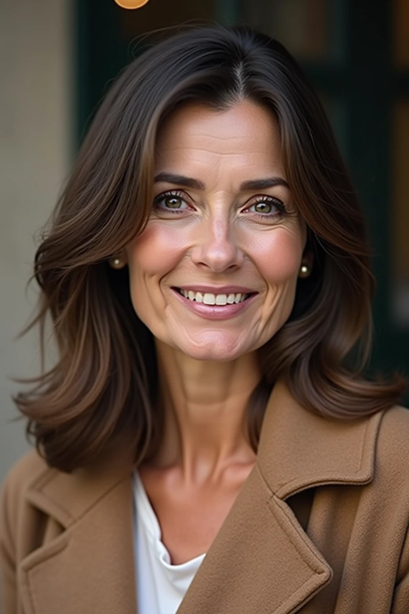 a regular Brunette woman 50 years old, french parisian style, with natural makeup, wearing a camel cashmere. High resolution, chef-d'artwork, best quality, intricate details, Very detailed, mise au point nette, detailed skin, texture de peau réaliste, texture, Detailed eyes, professionnel, 4k, sourire charmant, filmed on Canon, 85 millicmeters, faible profondeur de champ, Couleur Kodak Vision, corps parfaitement ajusté, extremely detailed, photographier_\(ultra\), photorealistic, Realistic, Post-traitement, maximum details, roughness, vrai vie, ultra realistic, photorealism, photographie, 8k euh, photographie