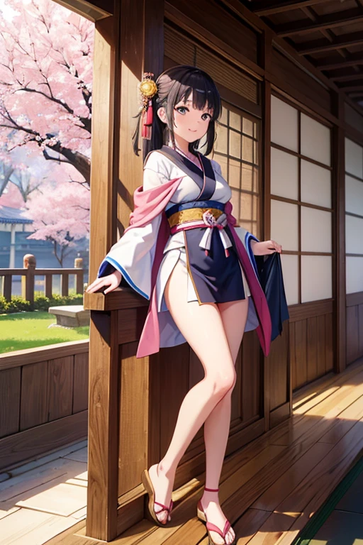 At a Japanese castle,One girl,She is wearing a pink knee-length kimono.,She wears white and gold armor.,Thighs,Her hair is brown and long,She is a samurai and fights with a sword,She wears clogs,She is wearing a navy blue cape。,SakuraFubuki,Old Japan,smile,barefoot,She has a lively personality。,You may fight the enemy,Cherry blossoms are blooming,There is a dumpling shop,