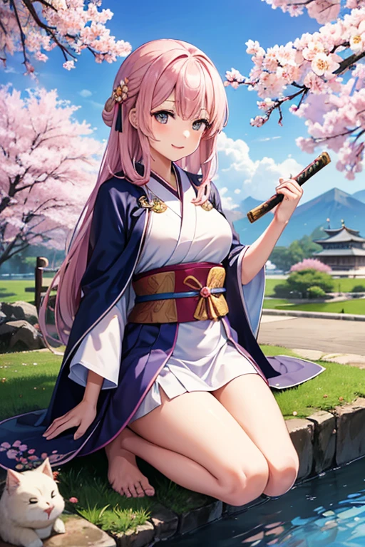 At a Japanese castle,One girl,She is wearing a pink knee-length kimono.,She wears white and gold armor.,Thighs,Her hair is brown and long,She is a samurai and fights with a sword,She wears clogs,She is wearing a navy blue cape。,SakuraFubuki,Old Japan,smile,barefoot,She has a lively personality。,You may fight the enemy,Cherry blossoms are blooming,There is a dumpling shop,