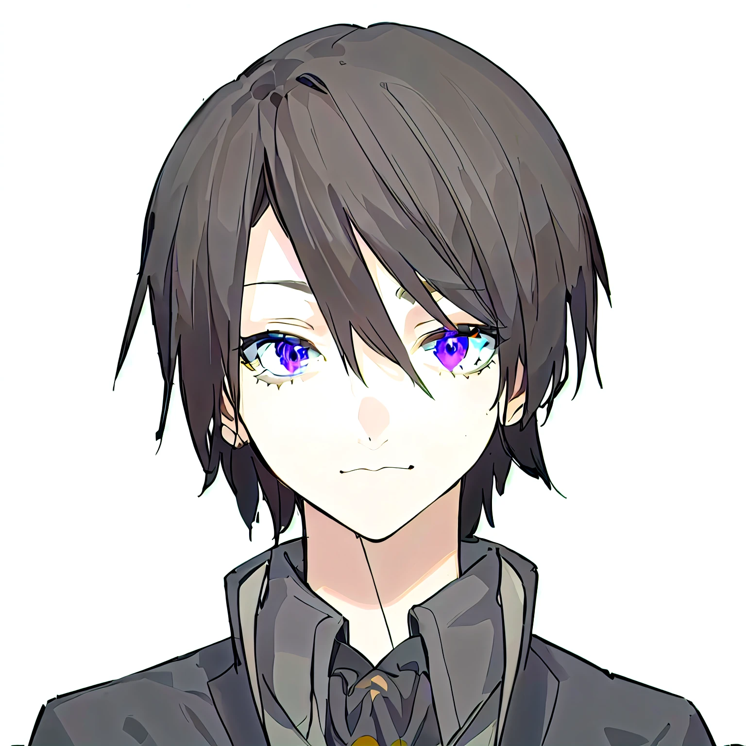 A beautiful young anime guy, detailed anime eyes, intense purple eyes, medium eyelashes, delicate facial features, soft skin, detailed hair, intricate hairstyle, flowing hair, detailed clothing, elegant outfit, fantasy setting, dramatic lighting, cinematic composition, (best quality,4k,8k,highres,masterpiece:1.2),ultra-detailed,(realistic,photorealistic,photo-realistic:1.37),vibrant colors,dramatic lighting,digital art,concept art,fantasy,anime style