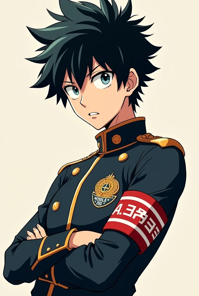 A black-haired man with gray eyes wearing the UA uniform from the anime Boku no hero academia