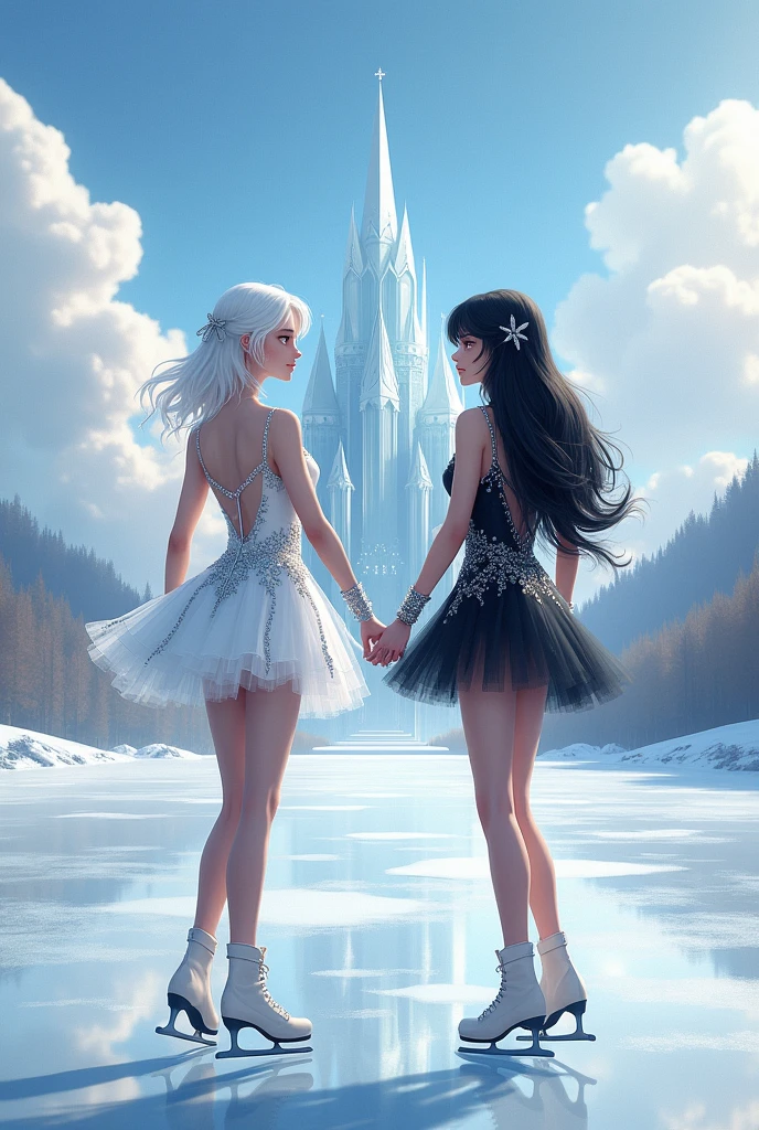 Book cover featuring an ice skater with shoulder-length white hair and a short white and silver dress. With a princess with long black hair and a short black and silver dress. A background with almost transparent clouds and a glass castle behind with an ice rink below the castle, both girls with their backs turned and holding hands.