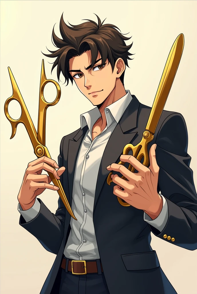 Give me a drawing of an anime man who has scissors and a barber machine, one in each hand, that is half-body.. Let it be easy to draw the scissors and the machine that are golden