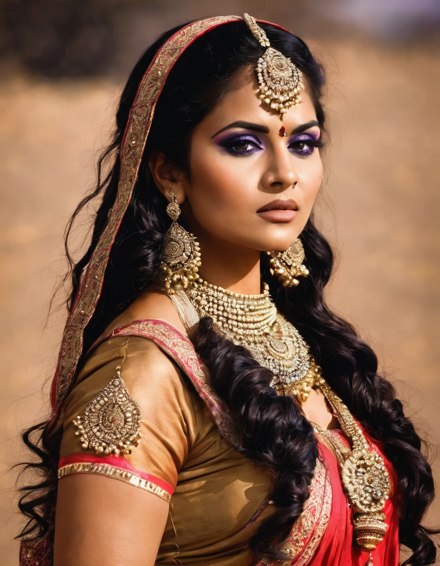file:///c:/Users/HP/Downloads/image_123650291%20(2).JPG transform this woman in the image into an Indian woman wearing makeup and ready for war