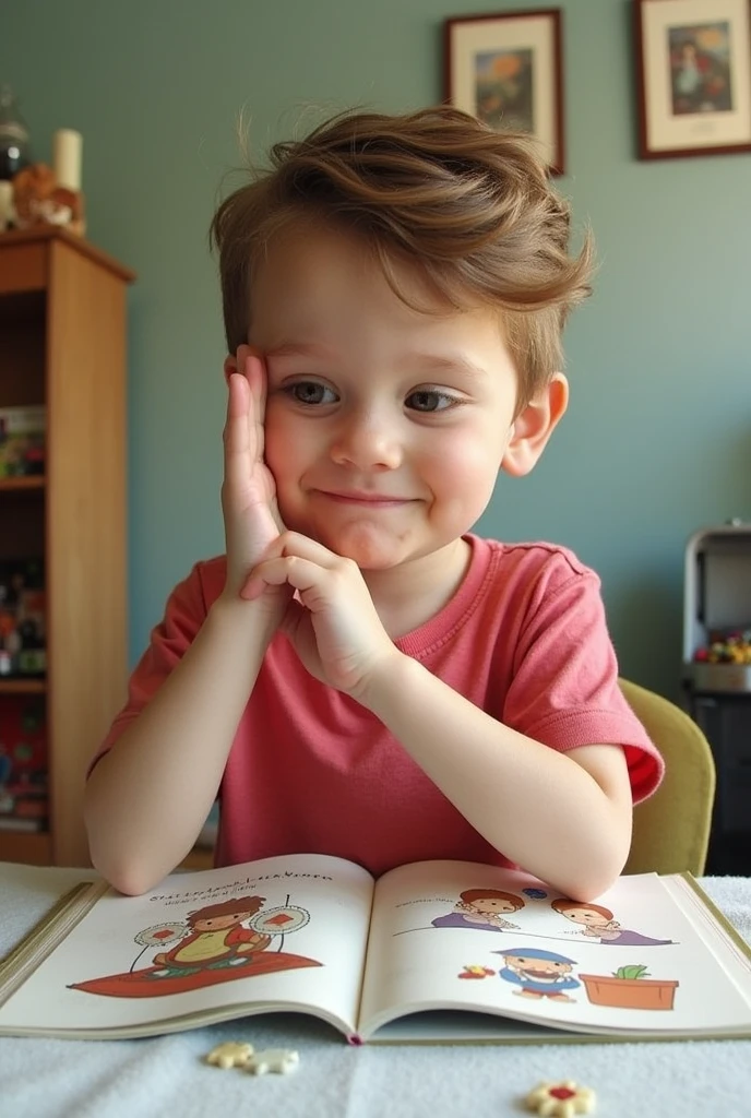 Martin Playing and Learning Sign Language or Description: Martin is in his room or in a park, practicing sign language. He is seen concentrating while imitating his parents&#39; gestures or a book illustrated with signs..

