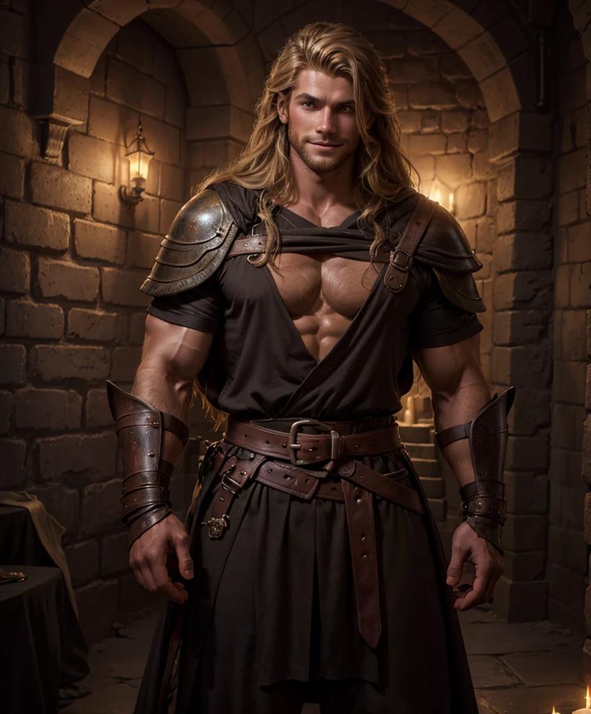 cinematic film still score_9, score_8_up, score_7_up, Dark fantasy art. Dark themes. Fantasy art character. Very sexy smile. Sexy and alluring man. Looks like an attractive male explorer dressed in medieval fantasy attire in a dark, haunting dungeon. Wears fantasy attire for a dark dungeon fantasy setting. Looks powerful and tough. Looks like a dashing explorer for a dark fantasy setting. Arrogant. Long blond hair that is well maintained. Handsome facial features. Upper body image. Lots of personality. Looks very attractive. Ideal male physique. Very muscular.. Homo.