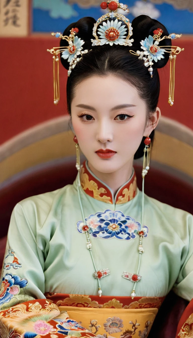 Gorgeous Empress of the Chinese court during the Qing Dynasty Gorgeous Empress of the Chinese court during the Qing Dynasty Spreading one's legs open wide with knees bent,creating the shape of the letter M (pornographic pose) with hair tied on both sides Gorgeous Empress of the Chinese court wearing a crown. The background of this kinky, erotic woman wearing a crown and her hair tied up on both sides is set in the luxurious room of an empress in the Chinese court during the Qing Dynasty.