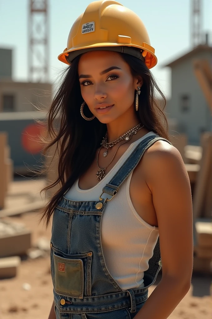 1girl in, 30 years old, Square face, Long hair, Looking at the viewer, jewelry, Reality, Sexy, sexy female construction worker, construction site, free posing