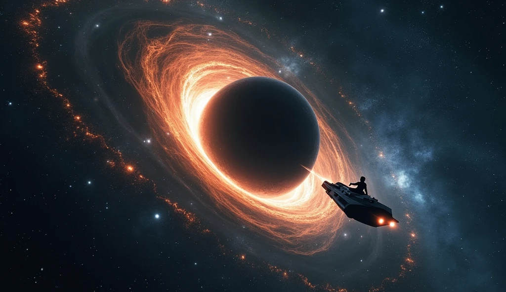 In the vast expanse of space, imagine an impressive scene where a black hole, like a cosmic vortex, captivates the viewer. At the center of this cinematic composition, a spaceship piloted by a mysterious creature flying through the void stands out against the starry backdrop. The threatening presence of the black hole, portrayed through dramatic lighting, surrounds the ship with swirling galaxies. This dynamic composition fuses the fantastic and the sublime, inviting viewers to contemplate the vastness of space and the vulnerability of humanity within it.