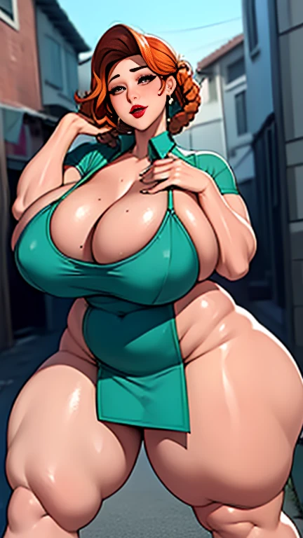 Hot ssbbw mom，solo，（：1.3），thick thight，upper legs，very Wide buttock，dent in the skin, short detailed hair，curlies，ssmile，cheerfulness，（Red lace apron：1.2），cparted lips，plumw，exposed midriff，protruding areolas，gigantic cleavage breasts，4K，realistic humid skin，Armpits，very Large curved hips，a variety of poses，Fleshy figure，with perfect legs，Hypertrophic，protruding areolas，bronzed skin，Detailed lips，gigantic butt，Dewy，mouth drool，Lick，Place your fingers between your legs，Hungry and thirsty housewives，erected，Wrinkles，Eyes look at the lens，A shy look，Blushing aunt，Two braids，Smooth skin，Very meticulous clothes，Intriguing set，extremly high detail，A detailed face，Gloss on lips，bronze，In the alley，super breasts，Feminine and colorful