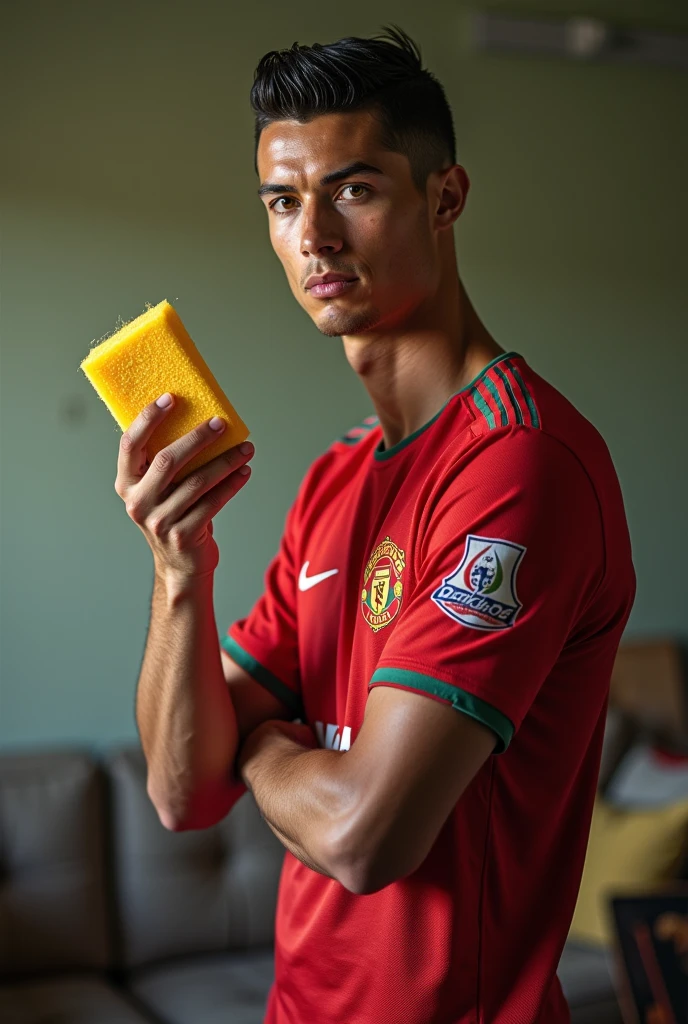 cristiano ronaldo holding a kitchen sponge
