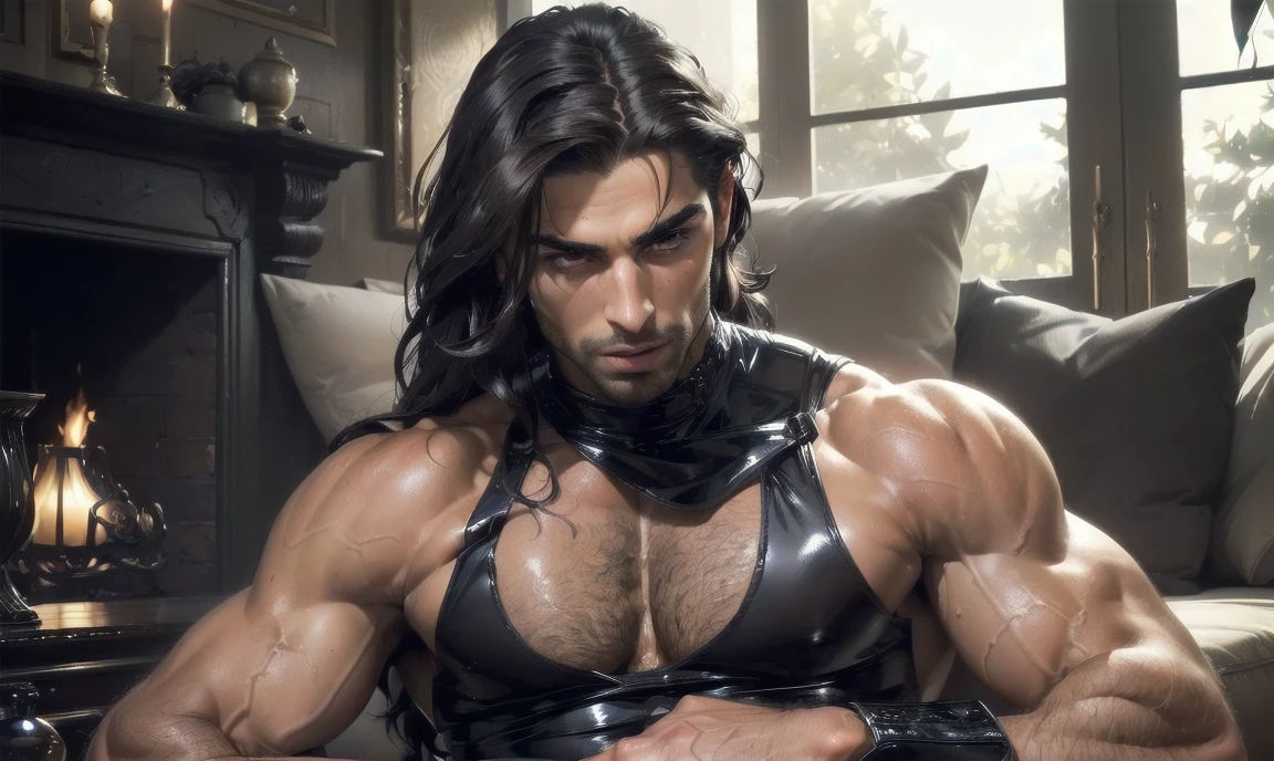 "((highly detailed, detailed eyes, detailed face, clear and realistic facial features, photorealistic, realistic light; cinematic, close-up)), (1 man), ((((living room background)))), (((gorgeous exotic sexy masculine muscular male middle-eastern gigolo))), (((rich brown middle-eastern skin tone))), ((29-year-old male)), (((seductive intense expression))), (((erotic inviting pose))), ((intense gaze)), (((long sexy dark hair))), (((dressed in tight masculine clothing))), ((oiled up)), ((seductive pose, looking down at you))."