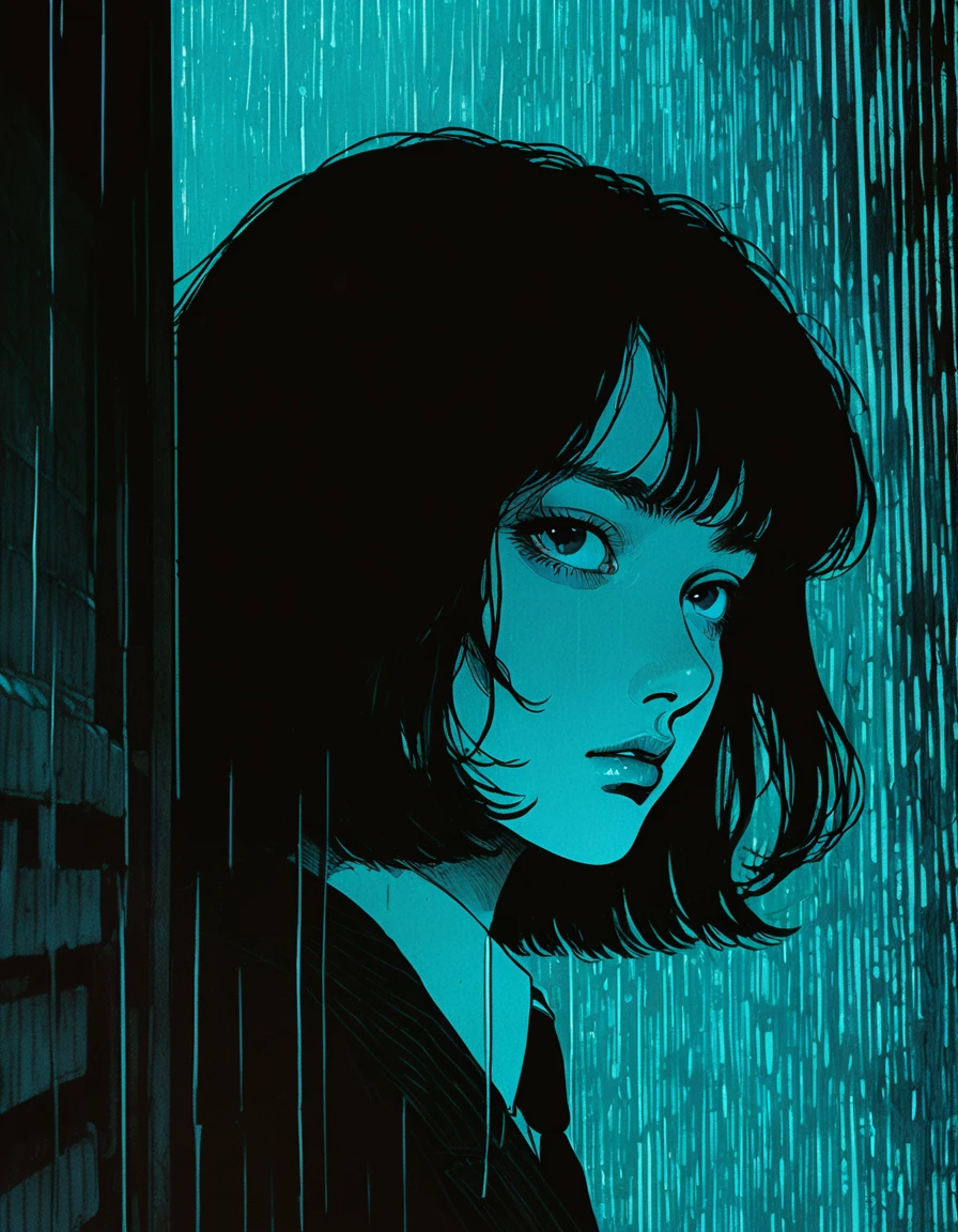 illust、art、from 80s horror movie, directed by Junji Ito、darkness、Young Man investigator, Alley、nightmare、anxiety、high detail, realsitic shadow、Analog style, vhs style, 8mm film, chromatic aberration, Dvd screengrab、Surrealism