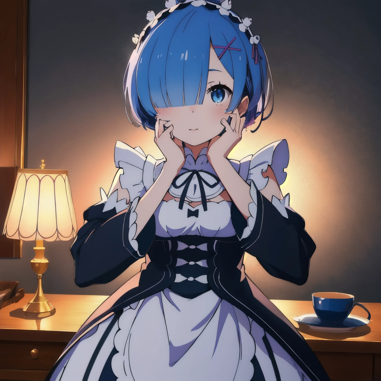 work of art, best qualityer,(colorfully), (delicate eyes and face), Volumetric Light, ray tracing, Extremely detailed CG 8k unity wallpaper, remrin, hair blue, hair over one eye, medium breasts, housekeeper, Purple Ribbon, housekeeper headdress, roswaal mansion housekeeper uniform, white apron, detached sleeves, (looking ahead at viewer:1.1), gaping mouth, ssmile, yandere trance, yandere, hands on own face, hands on own cheeks,
