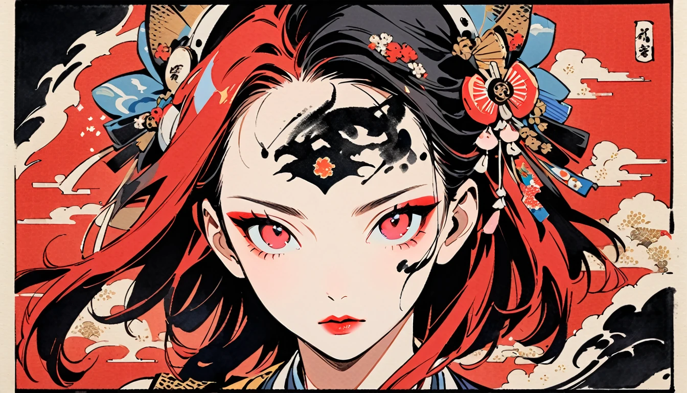 (((Ink Painting))), Fashion portrait color photos, (((1 girl))), (((Tattoo in the center of the forehead))), (((Very flashy hair accessories))), (((Very flashy makeup))), Japanese style headphones, devil, face close-up, front view, Japanese beautiful girl, red Hair, red eyes, Delicate and precise, Modern ukiyo-e style,Japan, Japanese flag