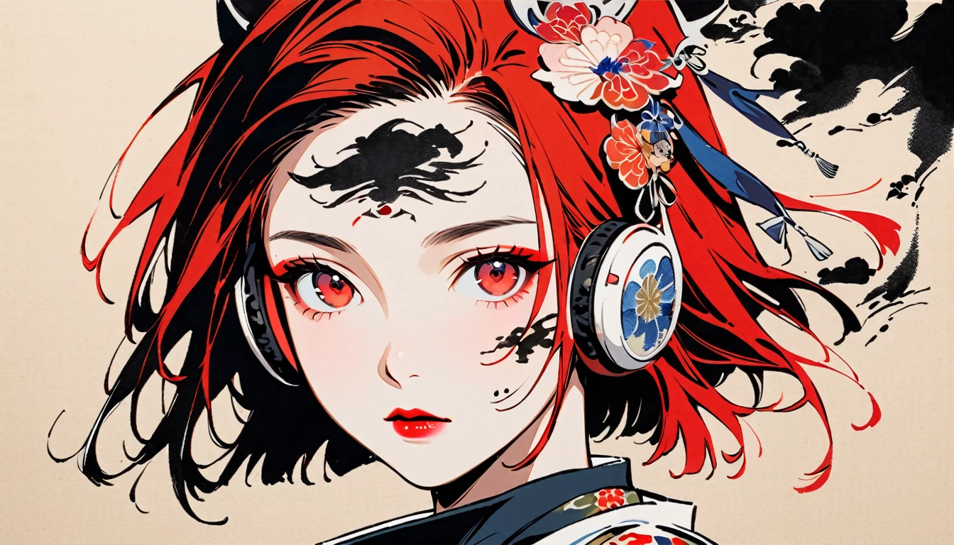 (((Ink Painting))), Fashion portrait color photos, (((1 girl))), (((Tattoo in the center of the forehead))), (((Very flashy hair accessories))), (((Very flashy makeup))), Japanese style headphones, devil, face close-up, front view, Japanese beautiful girl, red Hair, red eyes, Delicate and precise, Modern ukiyo-e style,Japan, Japanese flag