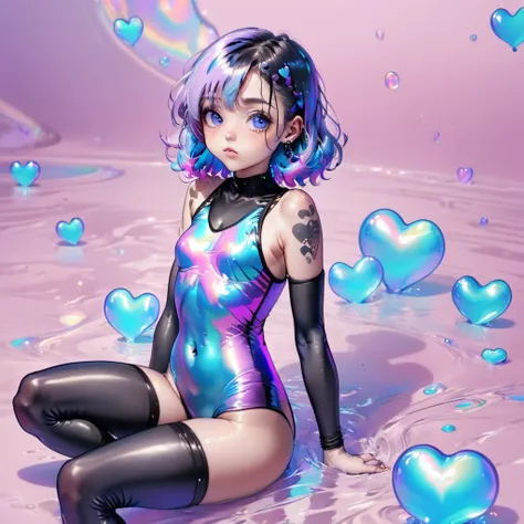 (( sitting on bubble gum)a girl with wavy light blue hair. small blue heart  shaped tattoo  on upper-cheek wearing a black leath...