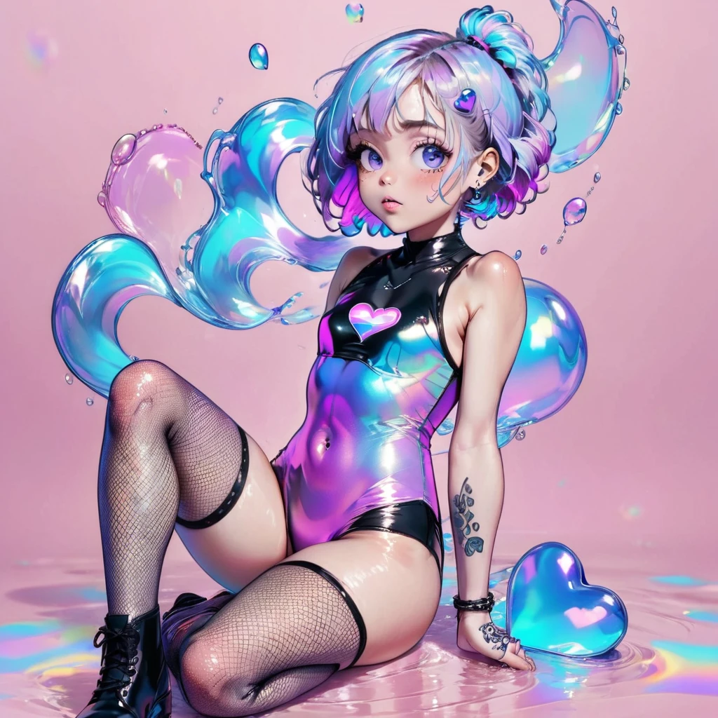 (( Sitting on bubble gum)A girl with Wavy light blue hair. Small blue heart  shaped tattoo  on upper-cheek wearing a black leather whole body swim suite. Black ankle-high black boots and purple fishnet stockings 