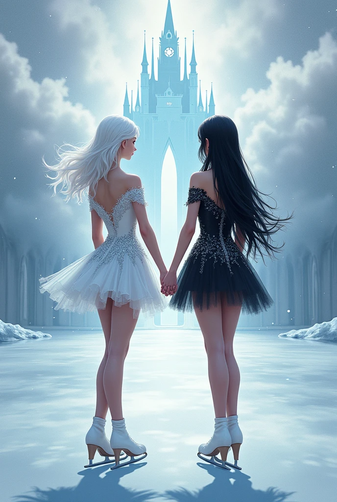 Book cover featuring an ice skater with shoulder-length white hair and a short white and silver dress. With a princess with long black hair and a short black and silver dress. A background with almost transparent clouds and a glass castle behind with an ice rink below the castle, both girls with their backs turned and holding hands.