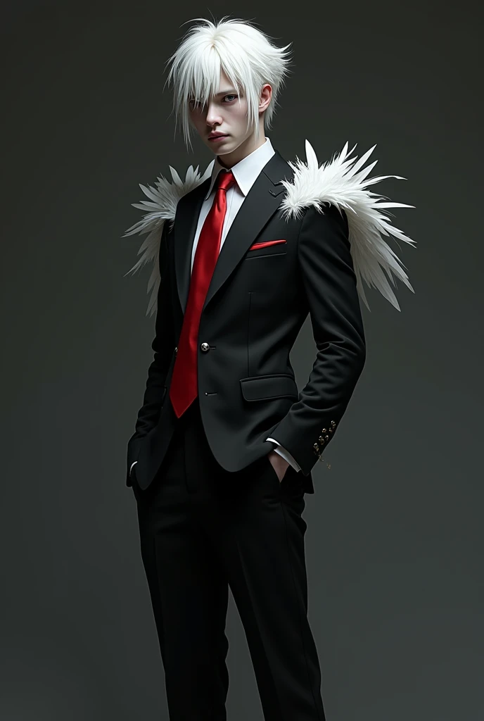 Generates an image of a 24 year old albino male Demi-human in a black suit and red tie with slit pupils, His suit has some white feathers in the shape of a coat, Her legs are normal up to her heels, where owl claws can be seen