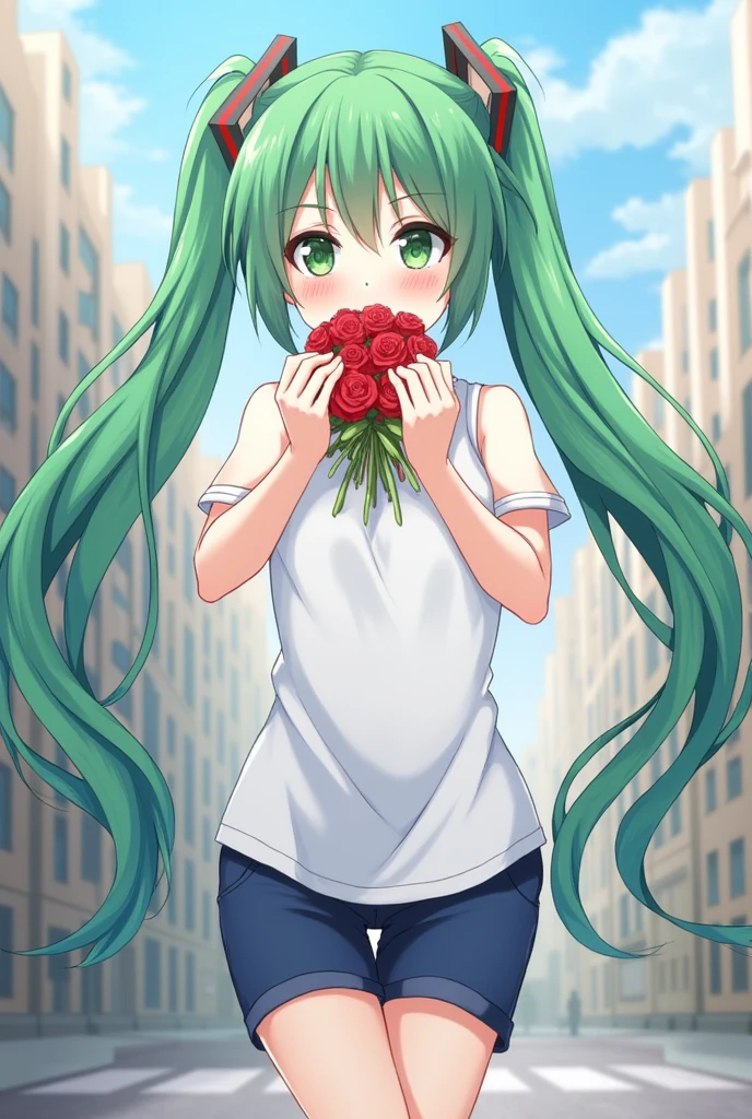Hatsune Miku, City, Green Hair, Green Eyes, vocaloid, Girl in need, collar, White shirt, t-shirt, Blue shorts, sleeveless, Looking at the audience, Standing blowing kiss kiss heart love full of roses
