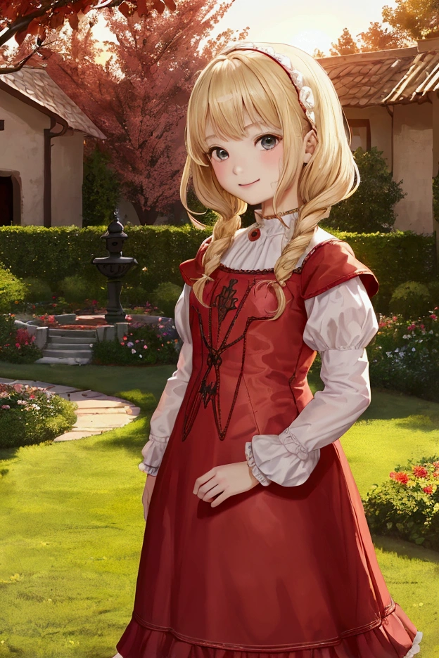 Young girl, 10 years old, looking at the camera with a slight smile. He hair is blond, short to her shoulders and she is wearing a red and white dress from medieval times. The background is a beautiful garden at sunset with the sun setting. Setting: Medieval era [Drawing style: Final Fantasy]