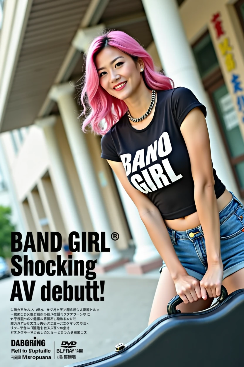 (((A little chubby, big breasts, big buttocks))), ((((Woman's ridiculously large breasts change, slender curves, big , big breasts, big , super beautiful woman, whip-smacking body)))), adult video poster layout, text on screen: "BAND GIRL Shocking AV debut!! ★ MIRU KOGURE",(((Japanese woman with large black guitar case)))), 26 year old adult woman wearing black crew neck top with large English letters on her chest and short blue jeans posing for a photo shoot, big breasted female porn actor, dynamic pose, rock music magazine model pose,. Japanese female fashion model, (((very bright pink hair))), happy expression, thick chain accessories on neck and arms, (((in front of Asakusa strip theater))), pure beautiful smile, intelligent face, slender curves, large breasts, wearing black t-shirt, small leather jacket Wearing black T-shirt, very small leather jacket, denim shorts, (((extreme low angle))), null, Bill, holding black guitar case with guitar strap, (((DVD mark, Blu-ray mark, PG-18 mark))).