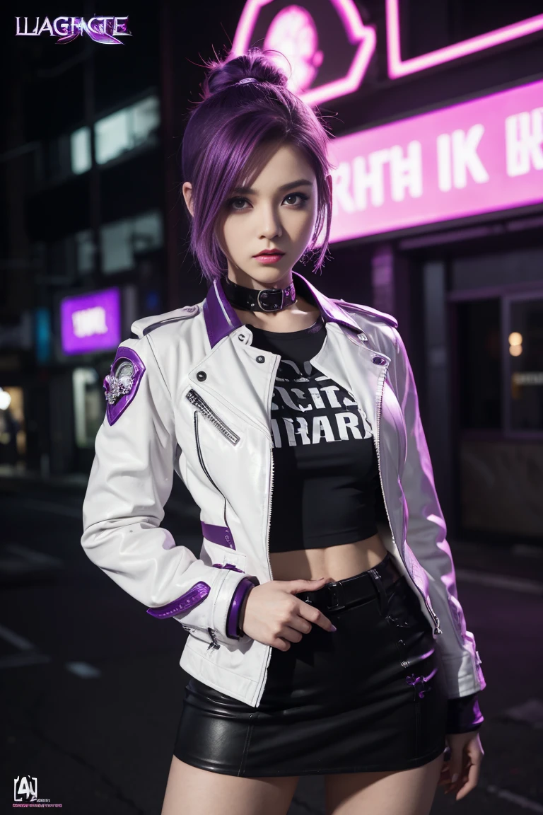 League of Legends girl style, skirt, a woman with purple hair, cyberpunk woman anime woman, potassium, Beautiful angry cyberpunk goddess, cyberpunk artstyle, cyberpunk anime digital art, cyberpunk anime art, Film Poster, portrait girl, cyberpunk anime art, cyberpunk themed art, cyberpunk dark fantasy, garota de League of Legends, 1 girl, short purple hair , short-hair, Purple hair girl, shorth hair, burning place, white shirt, dark red leather jacket, sideways, girl on an abandoned street, cabelo roxo, shorth hair, green eyes, Pink lips, standing, ultra detalhada, masterpiece, super verbose. garota de League of Legends. Purple hair girl/Violette, girl in brown pants, white blouse, dark red leather jacket, estilo uma garota de Resident Evil em um burning place, spark, spheres of light, Film Poster, League of Legends, League of Legends style, Saw from arcane in an abandoned city, Everything is burning, fire everywhere, Purple hair girl, shorth hair