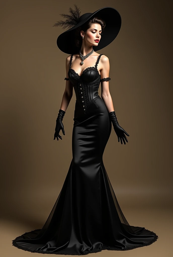 full body woman, with big hat, with a mermaid style dress, elegant vintage,  with yolks, gloves, lace, corset, heels,  brown black color.