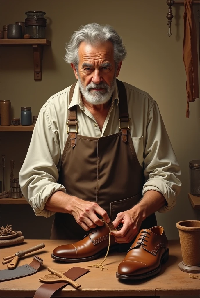 Create a drawing of a male shoemaker to paint on a light brown background