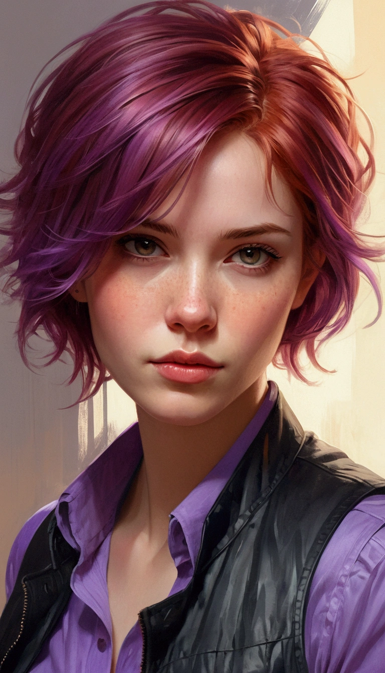 (a_Rostov_style:0.8) illustration, portrait, woman in purple shirt, Black vest, Round Face, short light-coloRed hair, Flirting dynamic poses, Rough brushstrokes, Soothing tones, Calming colors, artist:greg rutkowski 和 artgerm, Red hair, (Intricate details:1.12), HDR, (Intricate details, Ultra Detailed:1.15)