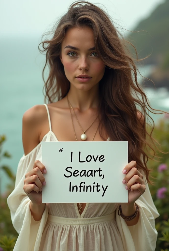 Beautiful girl with wavy long hair, bohemian dress, holding a white board with text "I Love Seaart Infinity" and showing it to the viewer