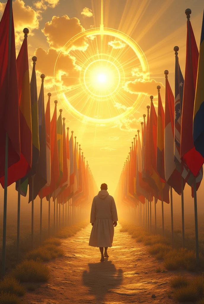 a path in the middle of several countries' flags written I am a pilgrim stranger I found my identity a path that leads to a dwelling in heaven made of gold surrounded by angels shining like the sun