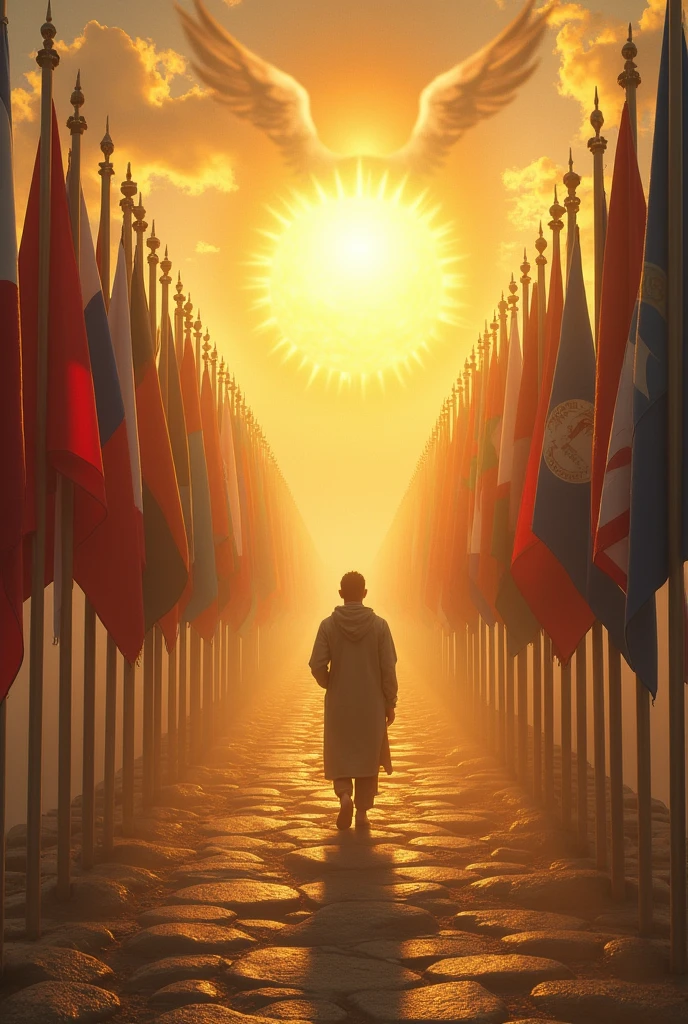 a path in the middle of several countries&#39; flags written I am a pilgrim stranger I found my identity a path that leads to a dwelling in heaven made of gold surrounded by angels shining like the sun