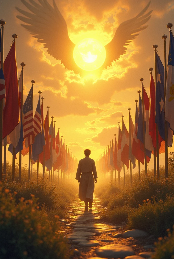 a path in the middle of several countries&#39; flags written I am a pilgrim stranger I found my identity a path that leads to a dwelling in heaven made of gold surrounded by angels shining like the sun