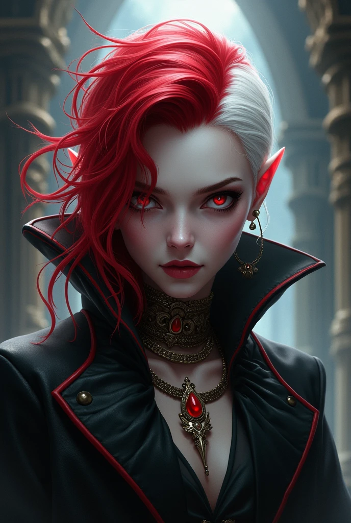 In the form of a digital drawing, a vampire with red hair and white streaks, RPG