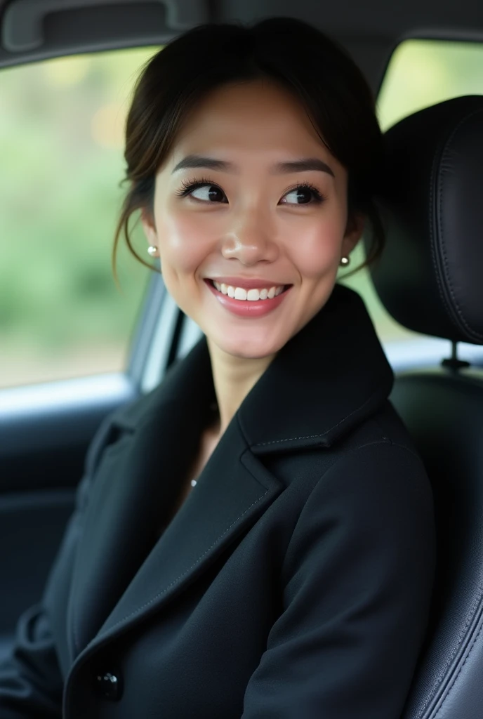 Sitting in the passenger seat, looking at me、smile、Wearing tight mourning clothes、40-year-old Japanese woman、Perfect Makeup、Hair combed back、short hair、Bust up shot、