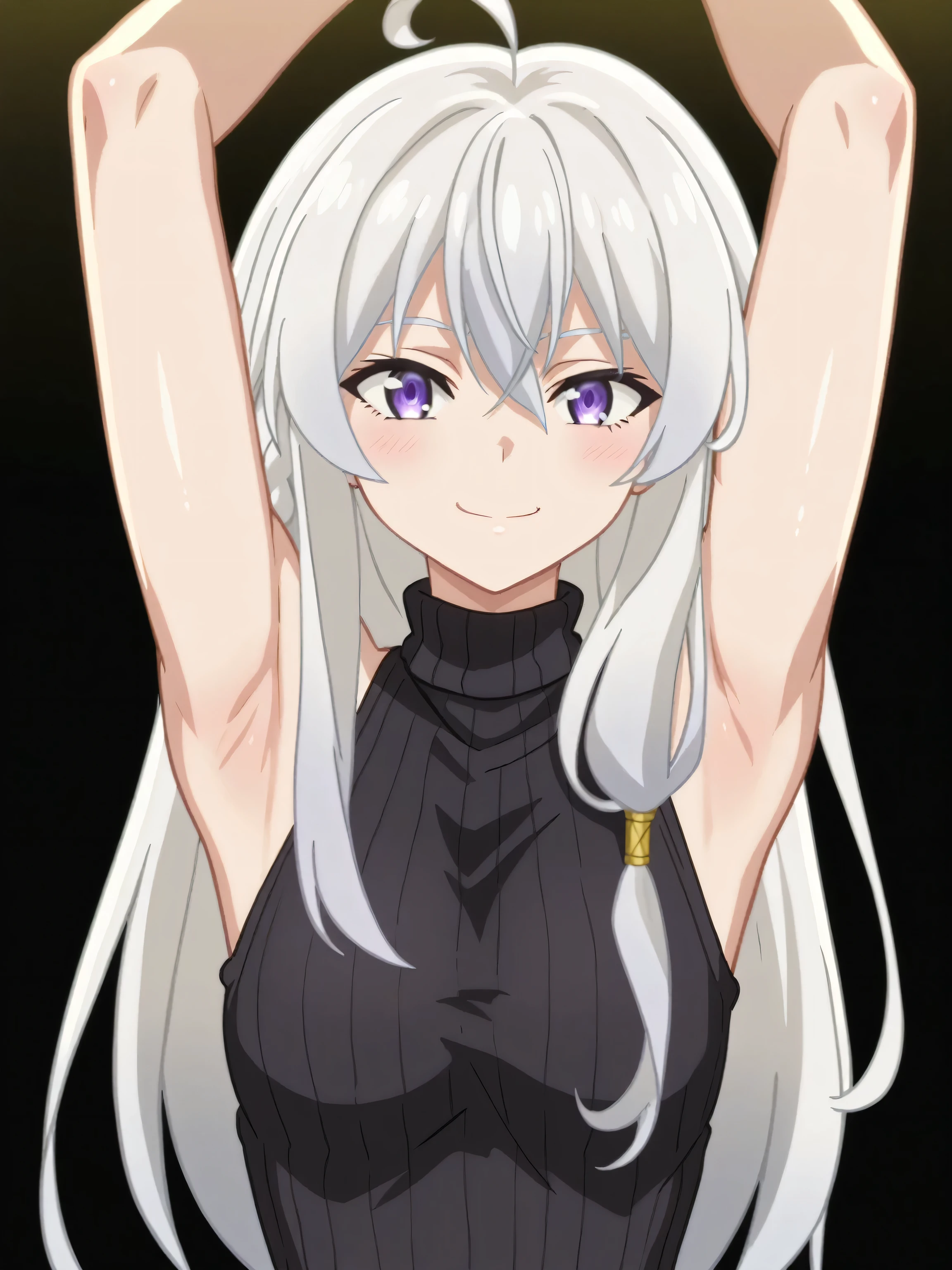 score_9, score_8_up, score_7_up, source_anime, elaina-inner, elaina \(majo no tabitabi\),purple eyes, grey hair, white hair, long hair,ahoge,sleeveless, sweater, ribbed sweater, ribbed, turtleneck, black sweater, sleeveless sweater, 1girl, solo, anime screencap, frontlighting, simple background, black background, dark background, shiny skin, shiny hair, (looking at viewer, eye contact with viewer:1.3), smile, light blush, (closed mouth, arms up, raised arms, armpits, in the center, symmetrical, upright,