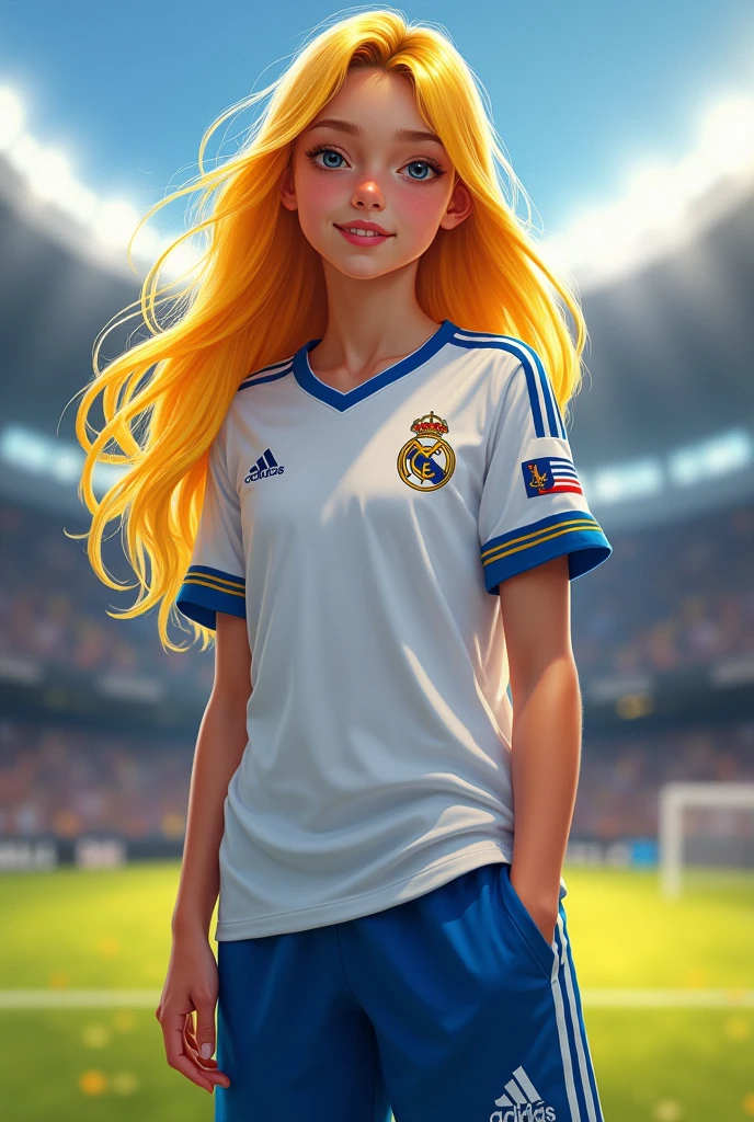 ager with pretty long yellow hair, with real madrid clothes